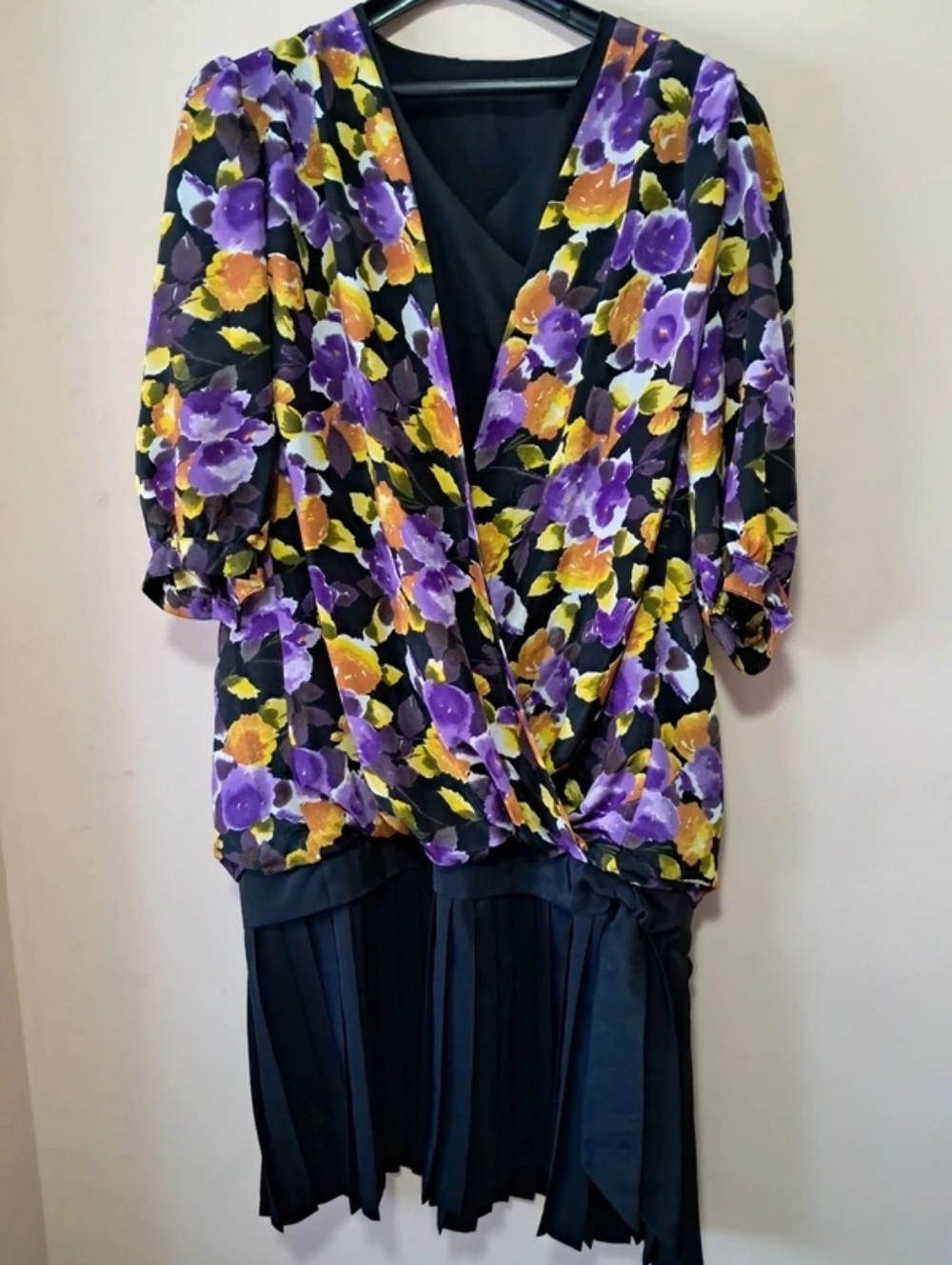 Floral V-Neck Dress with Purple & Orange Print